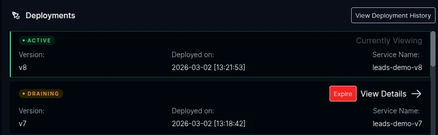 ICC Deployments panel showing Active and Draining versions
